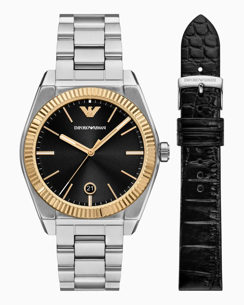 Emporio Armani Set orologio in acciaio inossidabile a tre lancette con datario e cinturino intercambiabile in pelle Multicolore