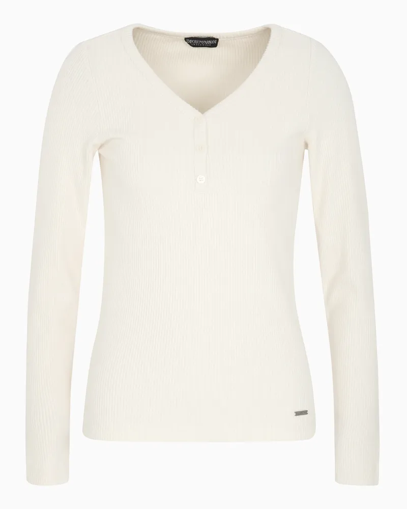 Emporio Armani Maglia scollo V loungewear in viscosa a costine Bianco