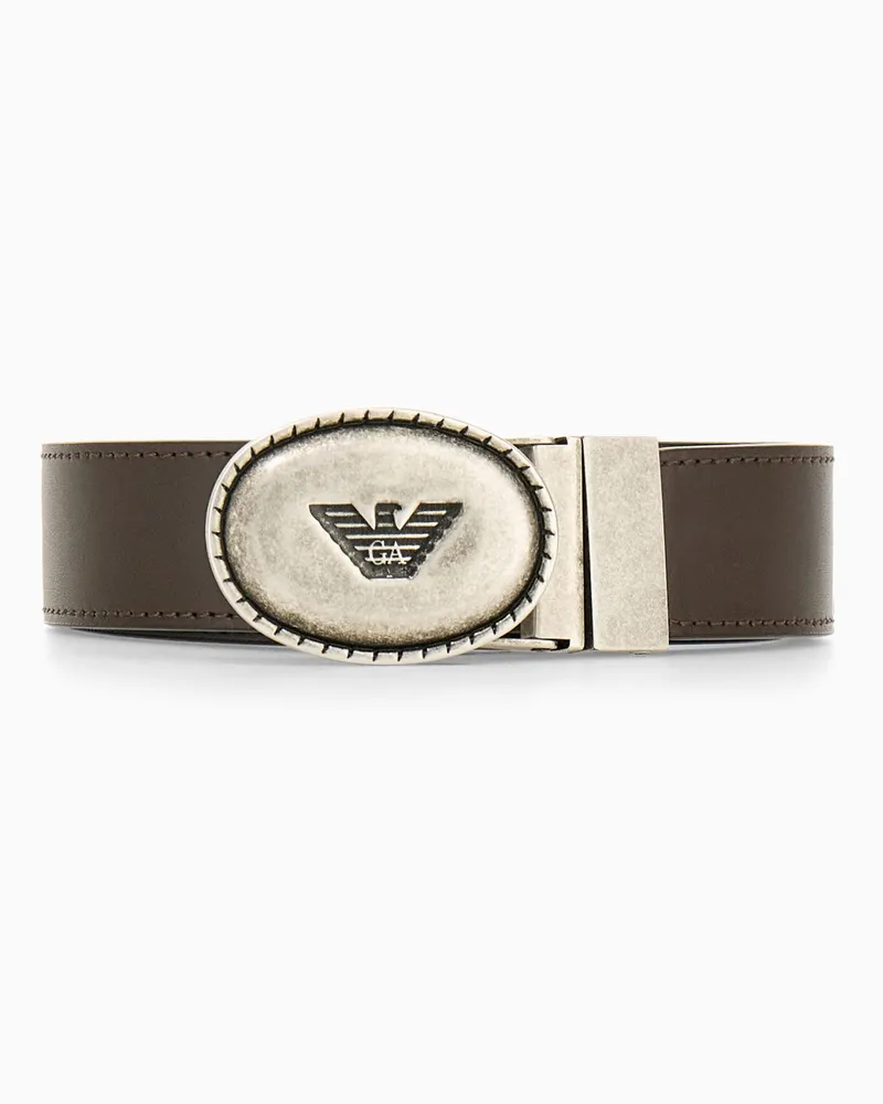 Emporio Armani Cintura in pelle con placca logata effetto vintage Marrone