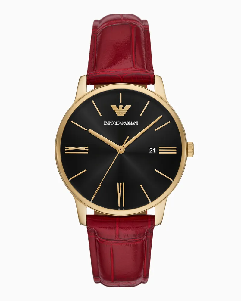 Emporio Armani Orologio a tre lancette in pelle rosso bordeaux con datario Multicolore