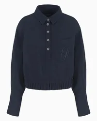 Emporio Armani OFFICIAL STORE Camicia Collo Polo In Lana Crepe Lavata Con Ricamo Ea Signature Blu