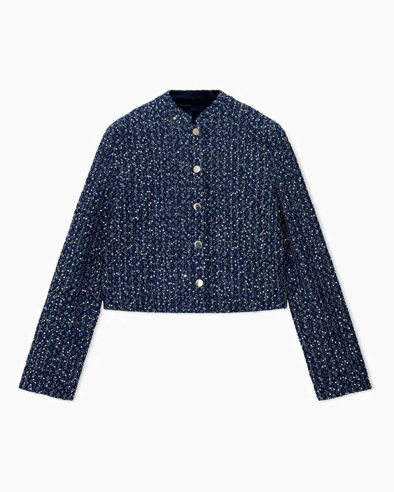 Emporio Armani Blazer in denim con paillettes e scollo rotondo Blu