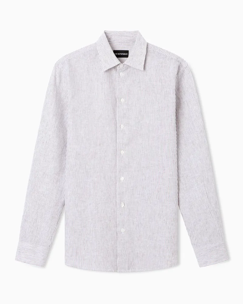 Emporio Armani Camicia in tela misto lino a righe Marrone