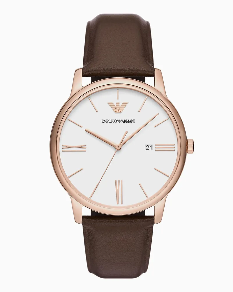 Emporio Armani Orologio in pelle marrone a tre lancette con datario Multicolore