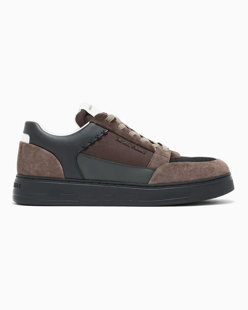 Emporio Armani Sneakers stringate in camoscio e mesh con dettagli in pelle Marrone