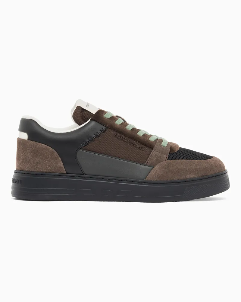 Emporio Armani Sneakers stringate in camoscio e mesh con dettagli in pelle Marrone