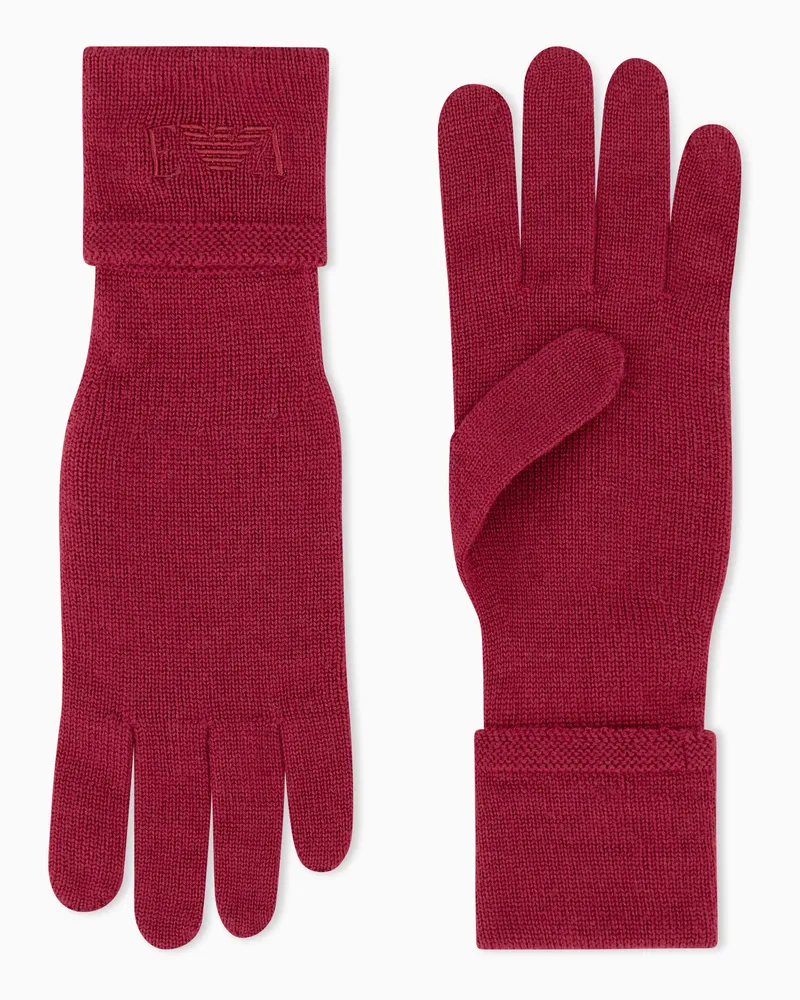 Emporio Armani Guanti in lana vergine a maglia rasata con ricamo Rosso