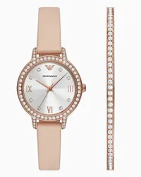 Emporio Armani OFFICIAL STORE Set Bracciale E Orologio In Pelle Rosa A Tre Lancette Oro