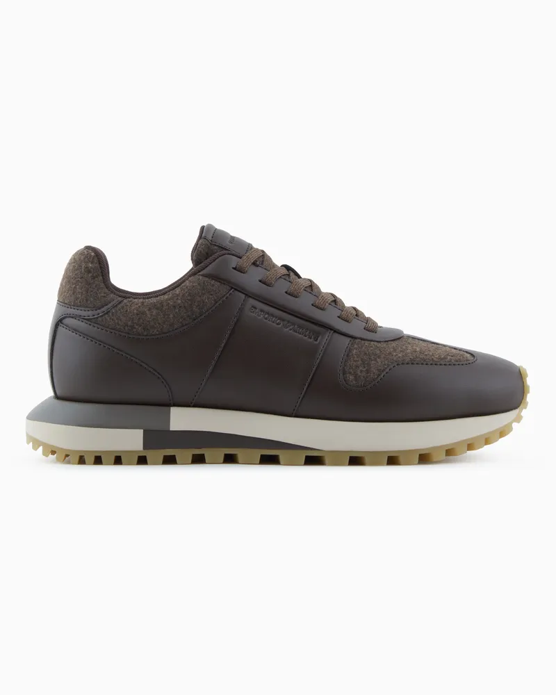Emporio Armani Sneakers in pelle con dettagli in feltro Marrone
