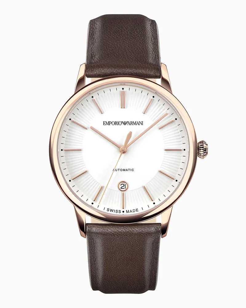 Emporio Armani Orologio Swiss Made con cinturino in pelle marrone e movimento automatico Multicolore
