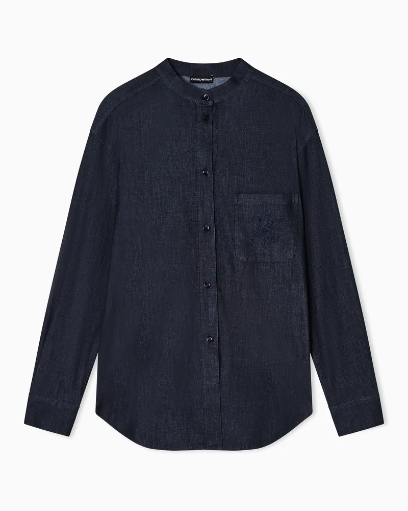Emporio Armani Camicia collo guru in denim leggero con ricamo su tasca Blu