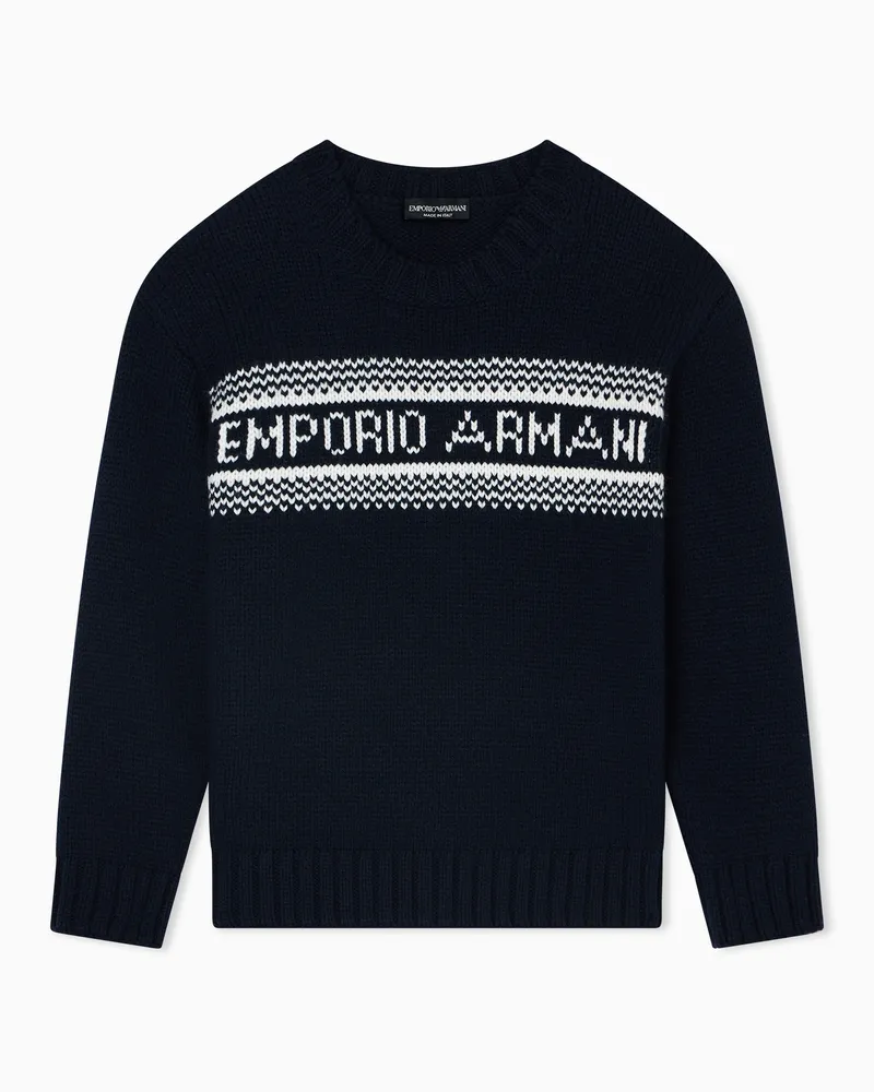 Emporio Armani Maglione in misto lana vergine con logo jacquard Blu