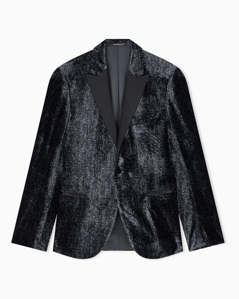 Emporio Armani Blazer in velluto con stampa brinata e revers in raso Nero
