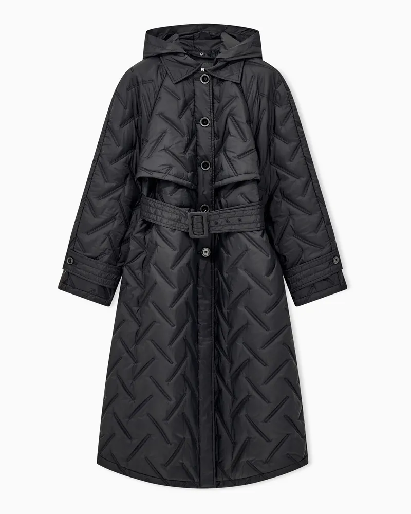 Emporio Armani Cappotto trapuntato in nylon con cintura e cappuccio Nero