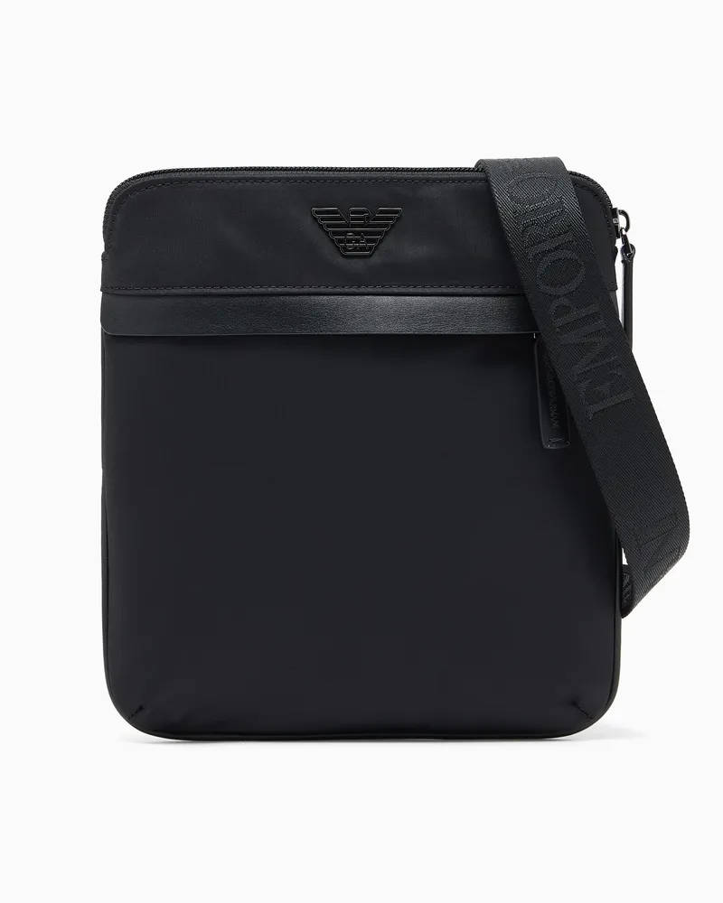 Emporio Armani Tracolla nylon piatta con logo metallico e chiusura zip Nero