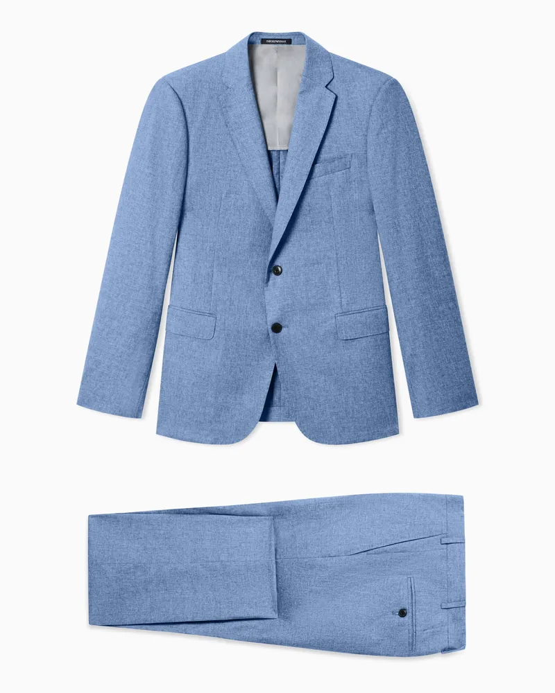 Emporio Armani Abito monopetto in tela di fresco lana con filato stampato Azzurro