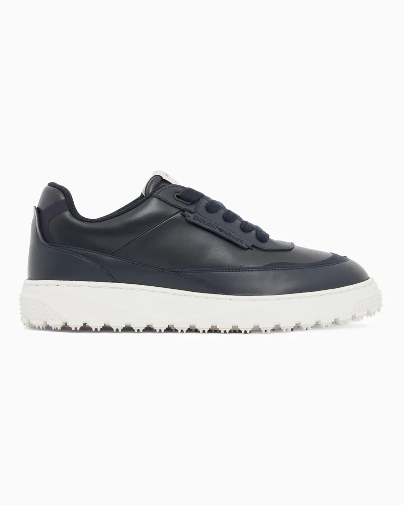 Emporio Armani Sneakers stringate in tessuto e pelle con logo laterale Blu