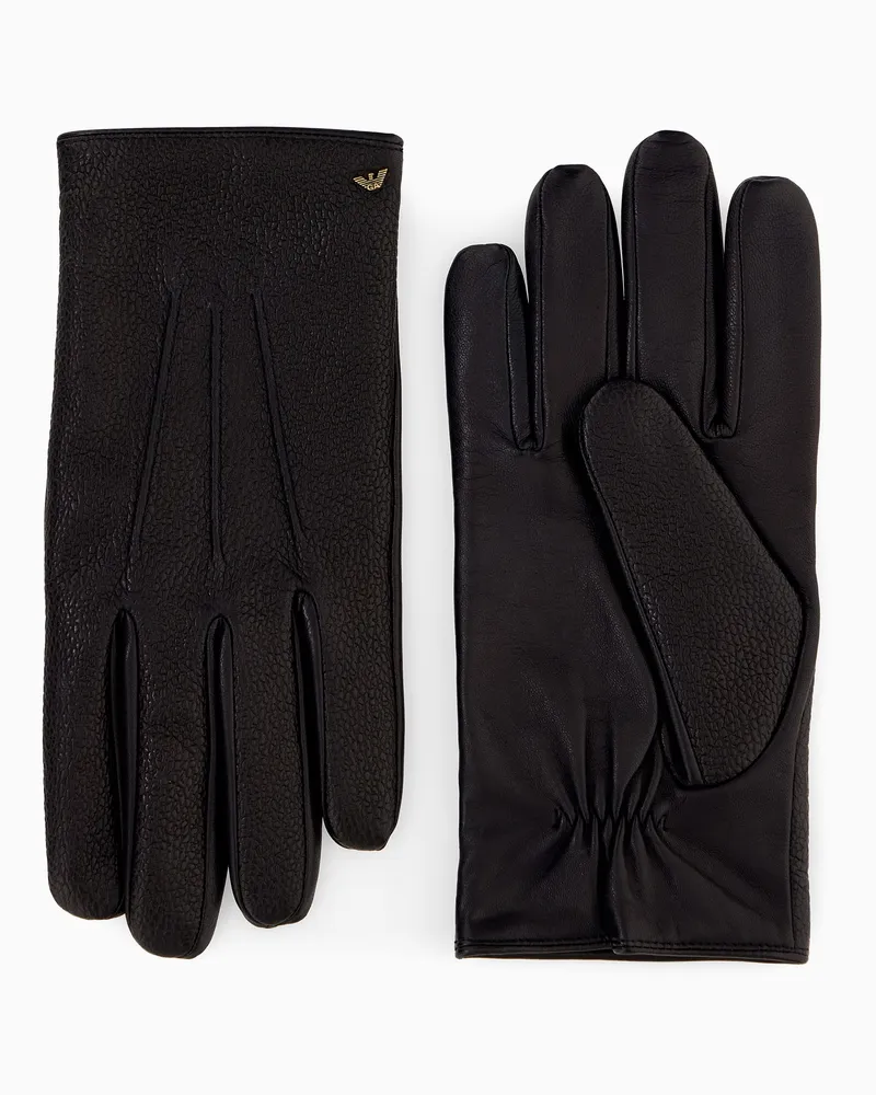 Emporio Armani Guanti in pelle con fodera in lana e logo in metallo Nero