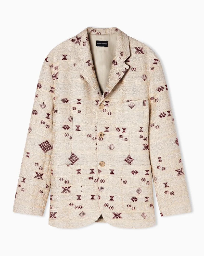 Emporio Armani Blazer monopetto in tela jacquard fil coupé motivo ikat Beige