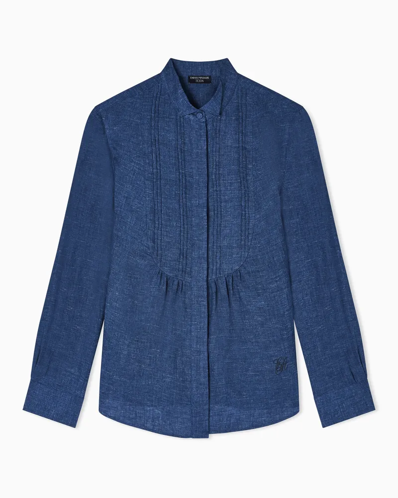 Emporio Armani Camicia con plastron in chambray di lino Icon Blu
