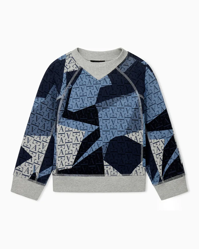 Emporio Armani Felpa girocollo in cotone con motivo geometrico e logo Blu