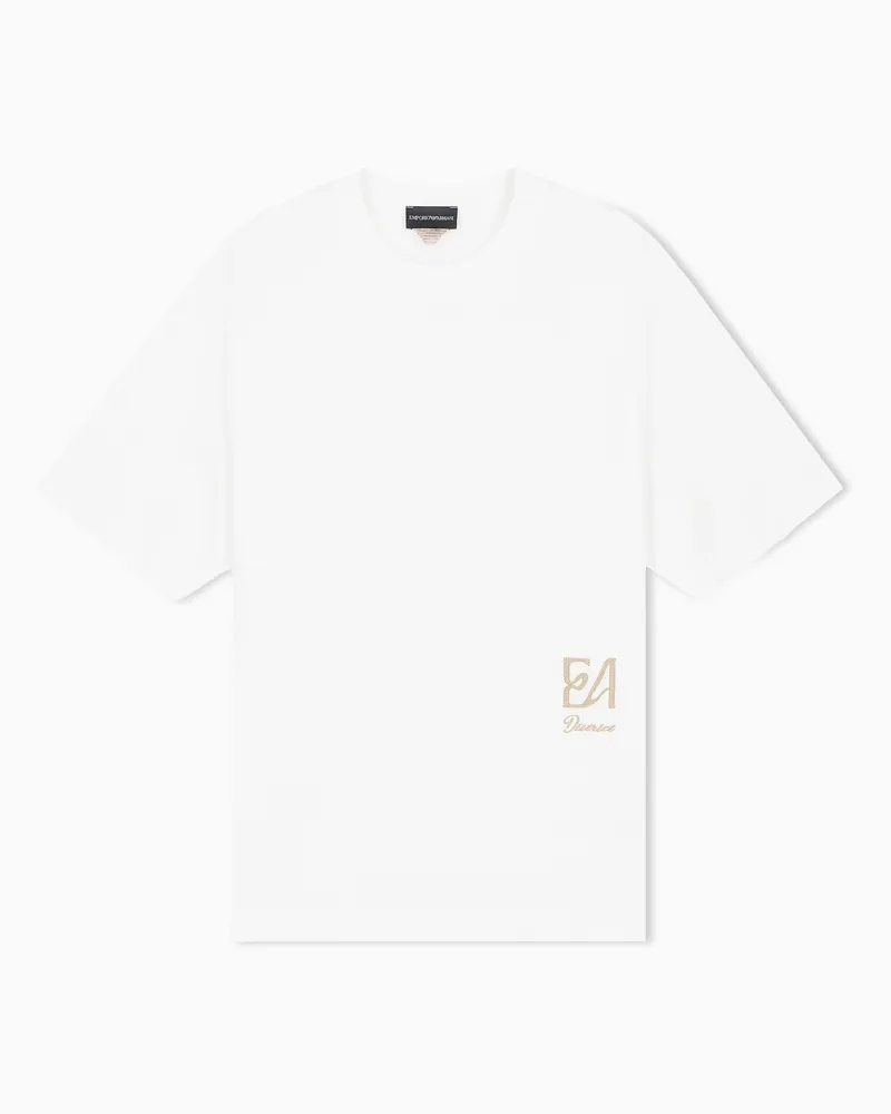 Emporio Armani T-shirt in jersey misto lyocell con logo punto catenella Bianco