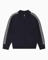 Emporio Armani OFFICIAL STORE Cardigan Full Zip In Misto Lana Vergine Con Logo Lettering Jacquard Blu