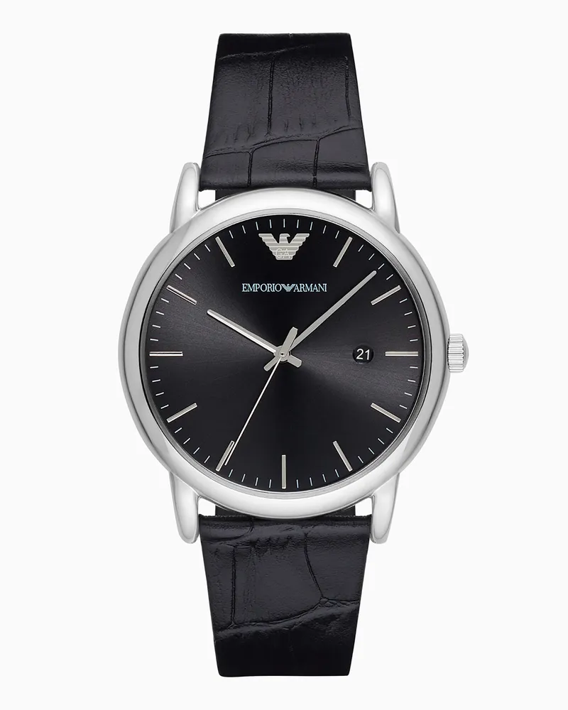 Emporio Armani Orologio a tre sfere con datario e cinturino in pelle nera Multicolore