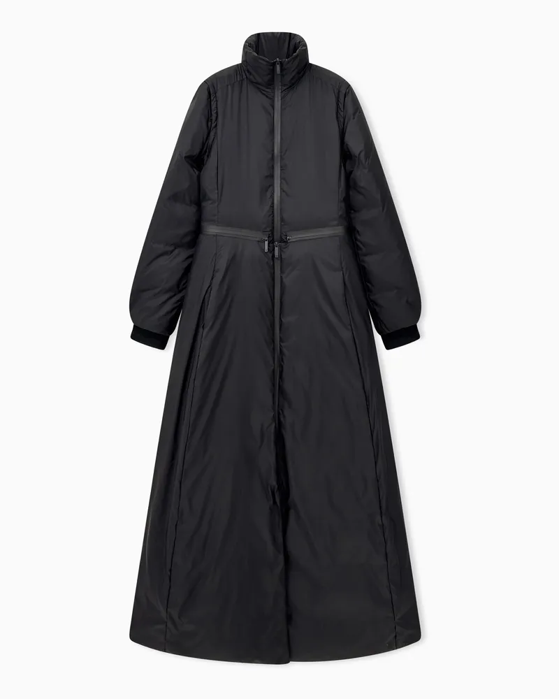 Emporio Armani Piumino lungo in nylon leggero con cintura e collo alto Nero