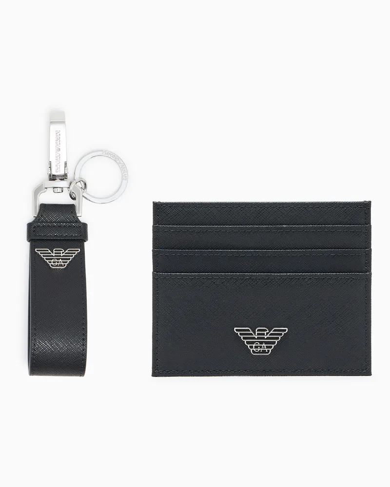 Emporio Armani Gift box con portafoglio e portacarte in pelle rigenerata saffiano placchetta aquila ASV Nero