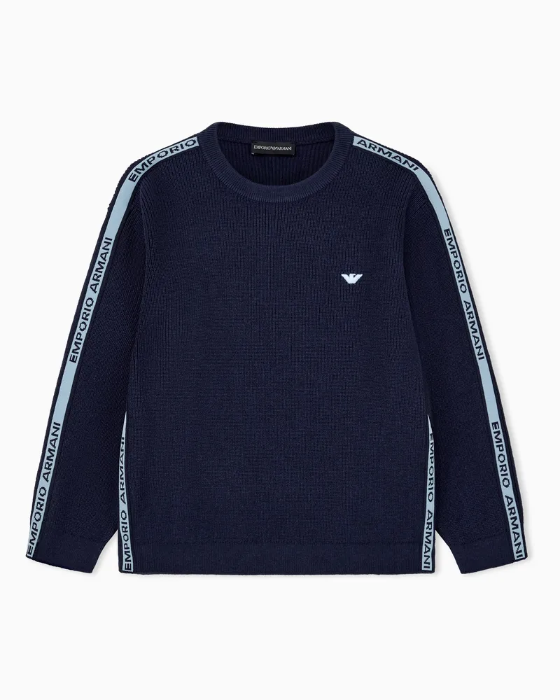 Emporio Armani Pullover girocollo in cotone e lana con bande a contrasto Blu