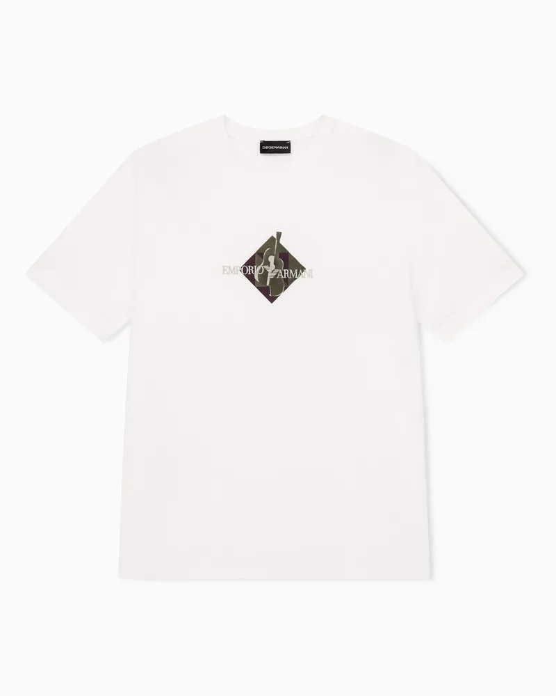 Emporio Armani T-shirt girocollo in jersey di cotone con stampa a rombo Bianco