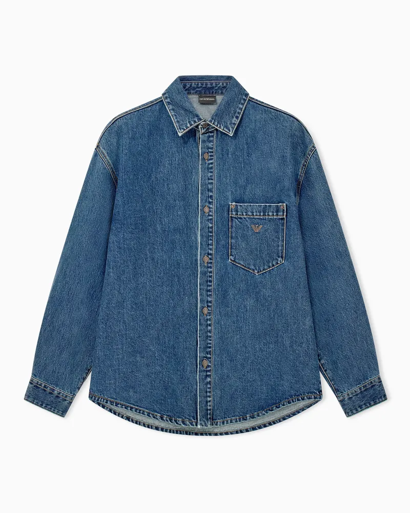 Emporio Armani Camicia in denim di cotone con taschino e cuciture a vista Blu