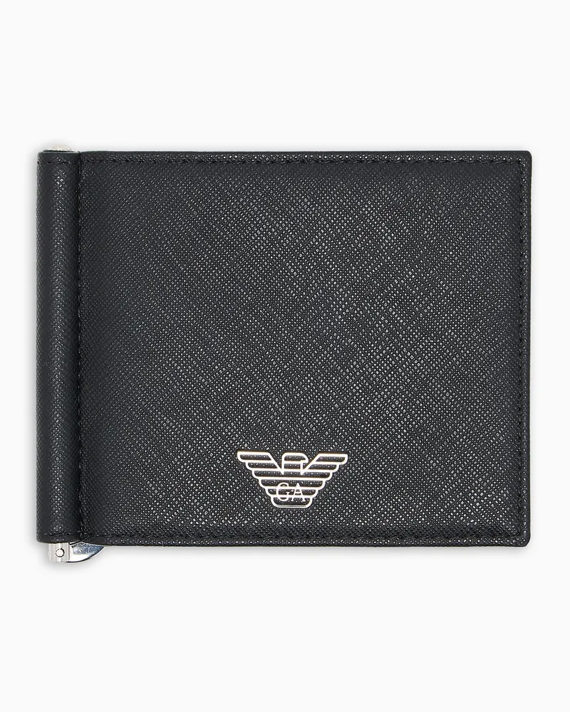 Emporio Armani Portafoglio compatto in pelle rigenerata saffiano placchetta aquila Nero
