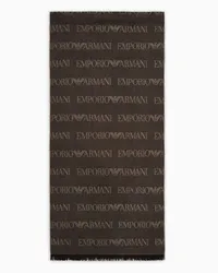 Emporio Armani OFFICIAL STORE Sciarpa Misto Lana Vergine Logo Lettering Jacquard E Frange Marrone