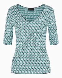 Emporio Armani OFFICIAL STORE Maglia Scollo V A Maniche Corte In Jersey Jacquard Motivo A Rilievo Verde