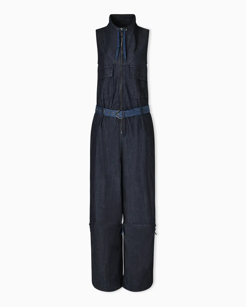 Emporio Armani Tuta in denim leggero con ricamo su tasca Blu