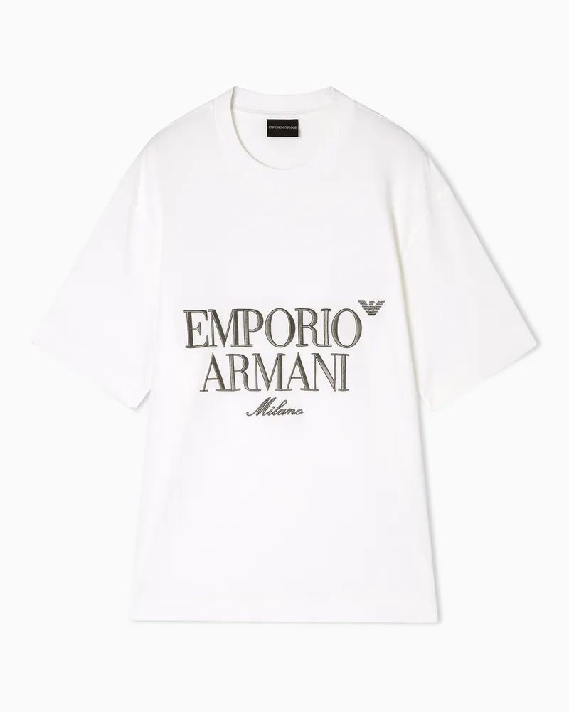Emporio Armani T-shirt in jersey pesante con ricamo logo a rilievo Bianco