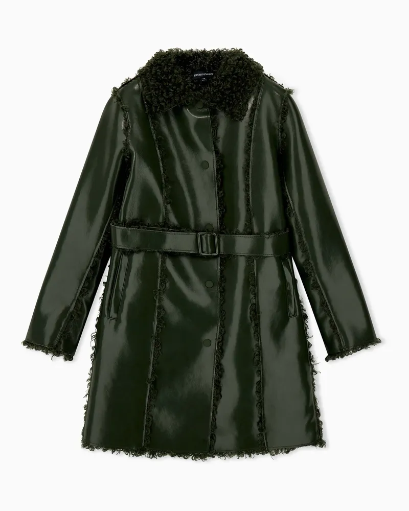 Emporio Armani Cappotto in similpelle con cintura e interno in ecopelliccia Verde