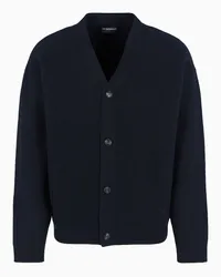 Emporio Armani OFFICIAL STORE Cardigan Scollo V In Lana Vergine Effetto Felpa Blu