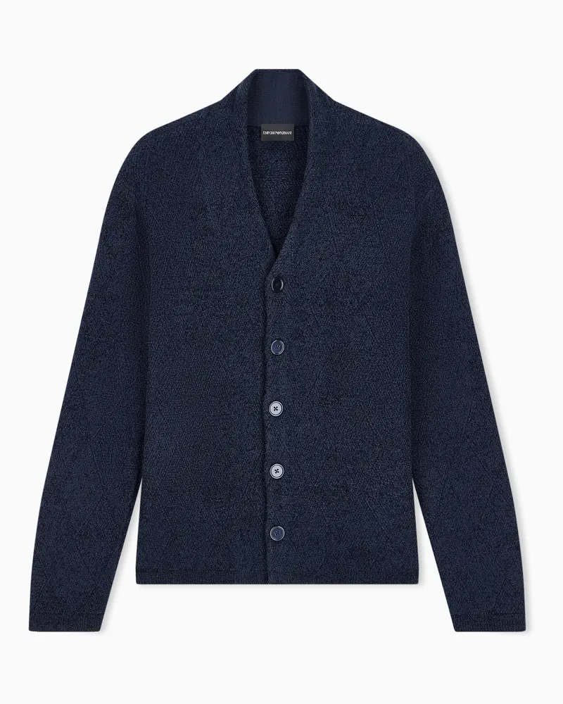 Emporio Armani Cardigan in lana vergine con lavorazione a punto fantasia Blu
