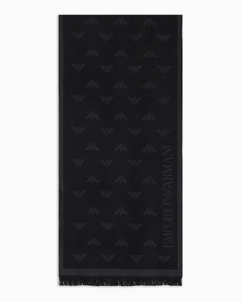Emporio Armani Sciarpa jacquard in lana con aquila e frange Nero