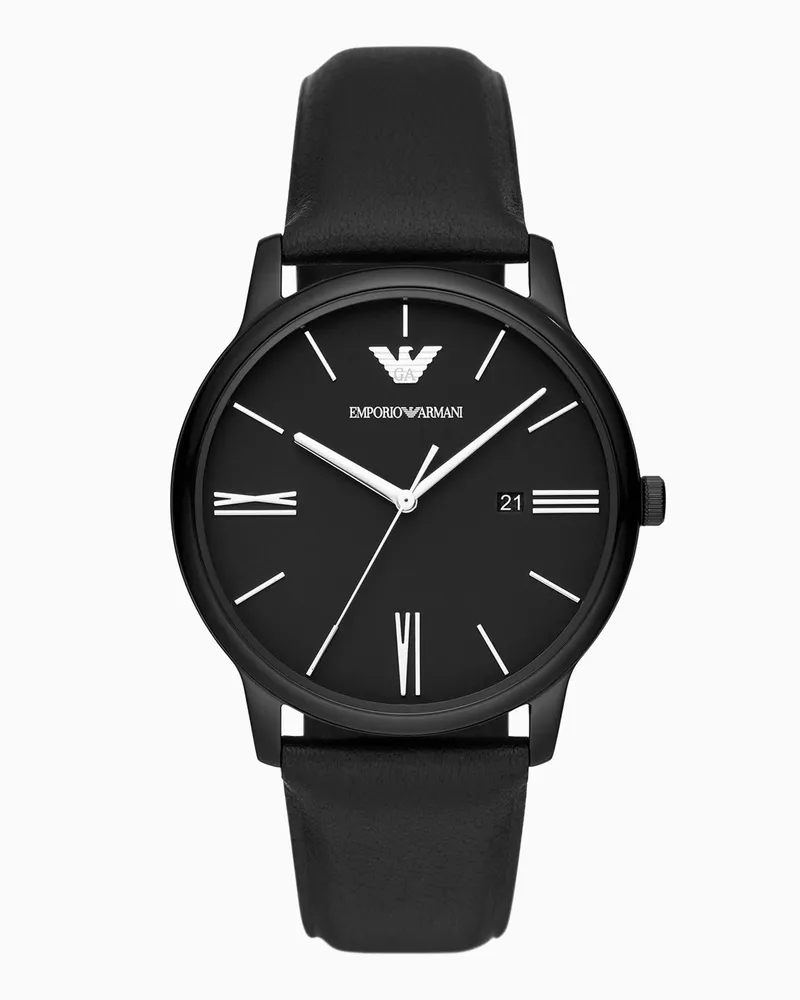 Emporio Armani Orologio in pelle nera a tre lancette con datario Multicolore