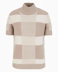 Emporio Armani OFFICIAL STORE Maglione Lupetto A Maniche Corte In Lana Vergine Con Motivo Check Vanisé Icon Beige