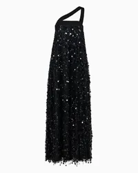 Emporio Armani OFFICIAL STORE Abito Lungo In Tulle Con Frange Di Paillettes Ricamate A Mano Nero