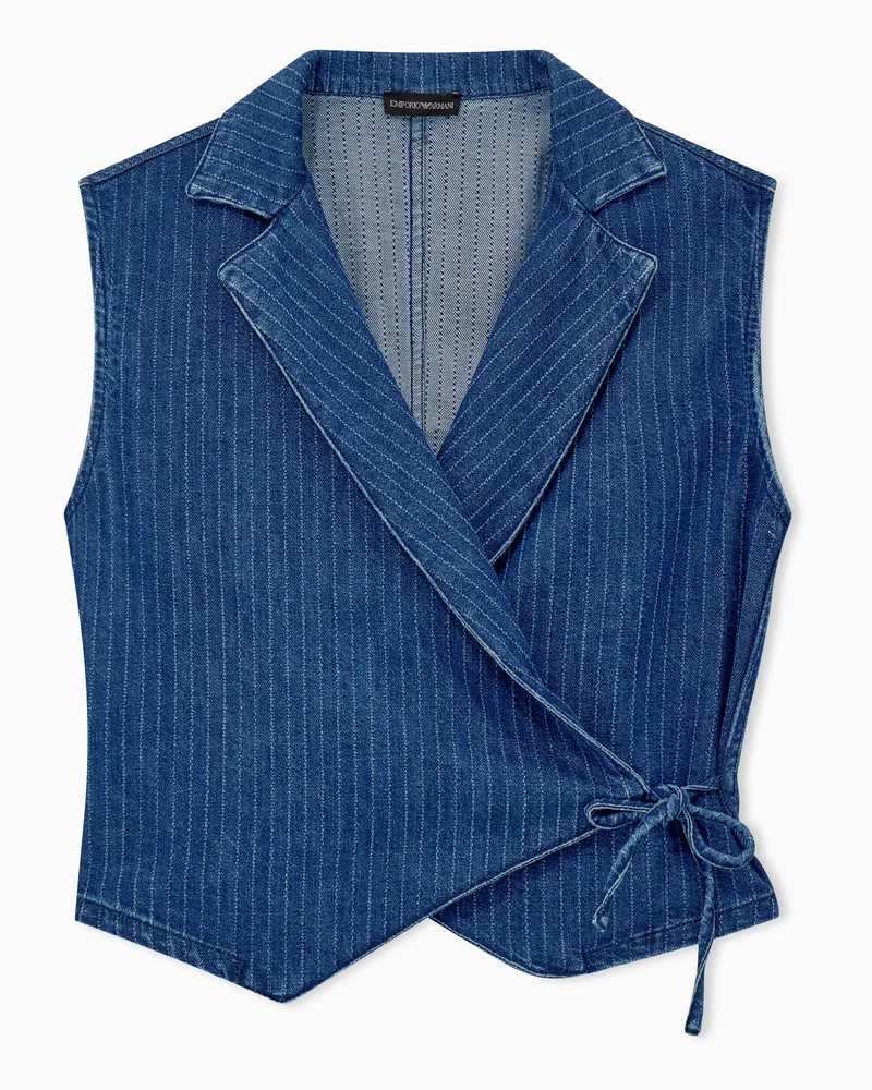 Emporio Armani Gilet in denim gessato con rever e chiusura a portafoglio Blu