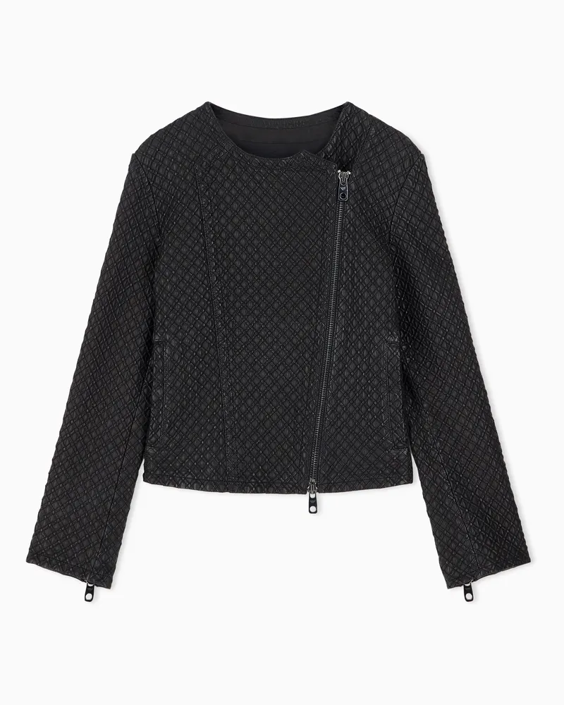 Emporio Armani Biker doppiopetto in nappa con ricamo a rombi intagliati Nero