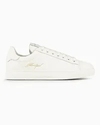 Emporio Armani OFFICIAL STORE Sneakers In Pelle Con Logo Signature Gold Bianco