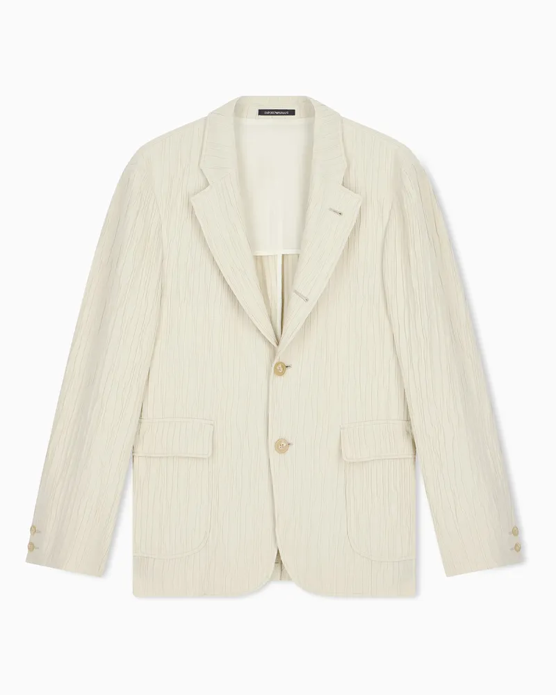 Emporio Armani Giacca monopetto in tessuto jacquard goffrato effetto wrinkle Beige