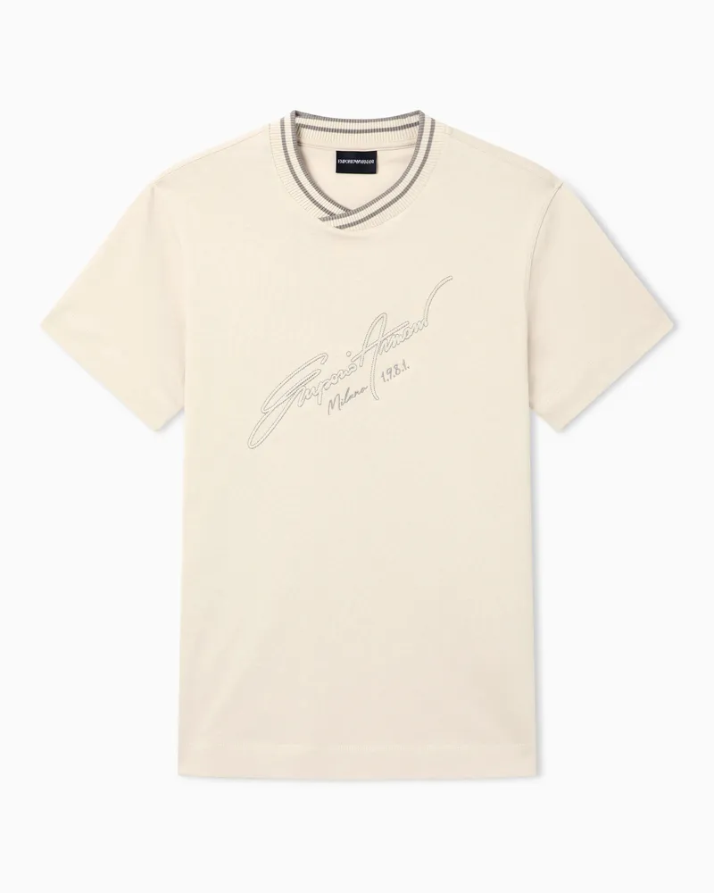 Emporio Armani T-shirt slim fit in jersey heavy con ricamo logo signature Beige